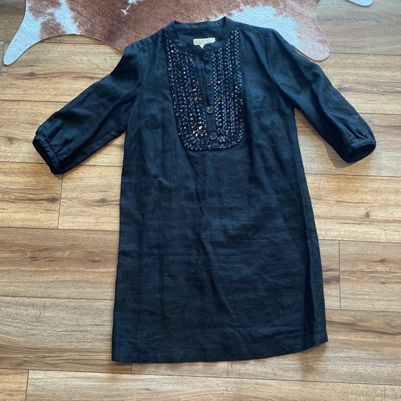 black 3/4 sleeve linen tunic dress Michael Kors beaded embellishments - Picture 3 of 7